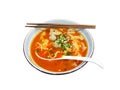 Chinese noodle and tomato soup with pork balls in white bowl isolated on white background Royalty Free Stock Photo