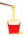 Chinese noodles at chopsticks. Fast-food meal box