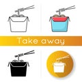 Chinese noodles icons set. Linear, black and RGB color styles. Wok cafe food cardboard box with chopsticks. Japanese