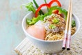 Chinese noodles with minced pork and egg in bowl Royalty Free Stock Photo