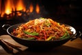 Chinese noodles with pork and vegetables in a wok on fire background, Experience a flaming spice sensation with sizzling stir-