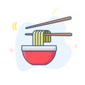 Chinese noodles in red bowl with chopsticks linear vector icon. Ramen noodle soup vector line illustration. Royalty Free Stock Photo