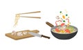 Chinese Noodles with Vegetables Rested in Frying Pan and Cutting Board with Sliced Mushrooms Vector Set