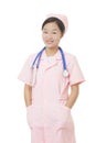 Portrait of a beautiful Asian nurse with a stethoscope isolated on white background Royalty Free Stock Photo
