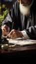 A chinese old man with a white beard writing on a piece of paper, AI Royalty Free Stock Photo