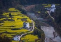 Chinese ancient old valley village overlook in mountain with a bridge, in anhui, huizhou, China. Royalty Free Stock Photo