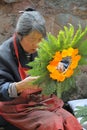 Chinese old woman wreathed flowers into a garland.