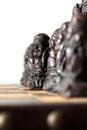 Chinese oriental chess pieces, with a row of figures representing pawns. Royalty Free Stock Photo