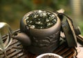 Chinese outdoor tea ceremony with a clay teapot and cups. Royalty Free Stock Photo