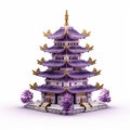 Chinese pagoda detailed in ceramics in purple and gold in deep colors.