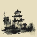 Chinese pagoda, an oriental-style building, hand drawn vector illustration in black ink grunge style. Royalty Free Stock Photo