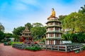 Chinese Pagoda and Pavilion by the Lake at Haw Par Villa Theme Park, Singapore. Royalty Free Stock Photo