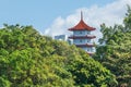 Chinese pagoda tower on the shore of a pond in Singapore Royalty Free Stock Photo