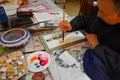 Chinese paintbrush artist. Small Wild Goose Pagoda. Xi'An. China