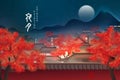 Chinese painting art background landscape view of prosperous traditional city architecture wall and mountain full moon at night.