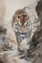 Chinese painting of a tiger walking in the mountains, in the style of strong facial