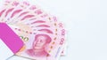 Chinese paper currency Yuan renminbi bill banknotes on white background, Banknote one hundred yuan, More chinese yuan background, Royalty Free Stock Photo