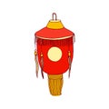 Chinese paper lantern with fringe and sun symbol. Hanging street lamp with loop and candle inside. Asian festival light