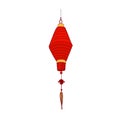 Chinese paper lantern of red and gold colors. Hanging light with candle inside. Asian ceremonial street lamp