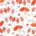 Chinese paper lanterns garland and fan watercolor seamless pattern Royalty Free Stock Photo