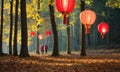 Chinese paper lanterns in the sunset forest