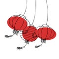 Chinese paper lanterns swinging in the wind. Hand drawn outline vector sketch illustration Royalty Free Stock Photo