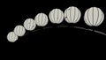 Chinese paper monochrome lanterns hanging in a row on a black background. Design. 3D spherical shape lanterns swaying in