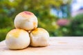 Chinese pastry puff, Beans cake with salted egg yolk lay on wood Royalty Free Stock Photo