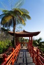 Chinese pavilion and bridge surrounded by wild nature, palm tree and tropical plants in an exotic garden. Royalty Free Stock Photo