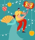 Chinese People celebrating Lunar New Year. Lion Dragon dance woman and man characters wearing china traditional costume