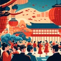ar in traditional clothes. Crowd of tourists in traditional dress at famous temple in China flat vector illustration Generative AI