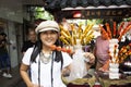 Dessert fruit coating sugar in local shop at night street market at Shantou or Swatow in Chaozhou, China