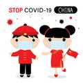 Chinese People to Wear National Dress and Mask to Protect and Stop Covid-19. Coronavirus Cartoon Vector for Infographic.