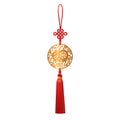 Golden Pendant with Pig and Luck Knot. Chinese New Year traditional Zodiac symbol of 2019 paper cut round design. Royalty Free Stock Photo