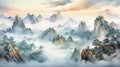Chinese Plateau: A Serene Watercolor Illustration Of Misty Mountain Vistas