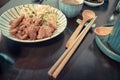 Chinese pork dish on table with side dishes Royalty Free Stock Photo
