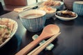 Chinese pork dish on table with dishes Royalty Free Stock Photo