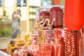 Chinese props. A lot of Chinese decorations selling at a Chinese shop with selective focus on the golden dragon Royalty Free Stock Photo