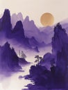 Chinese Purple and gold river valley mountain landscape watercolor ink painting