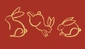 Chinese rabbit set. Golden traditional New Year zodiac animal, clouds and flowers, gold bunny silhouette on red background, 2023