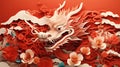 Chinese red dragon greating card. Chinese New Year Festival. Paper cut illustration style Royalty Free Stock Photo