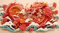 Chinese red dragon greating card. Chinese New Year Festival. Paper cut illustration style Royalty Free Stock Photo