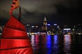 Chinese red junk with the victoria harbor night view background Royalty Free Stock Photo
