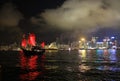 Chinese red junk with the victoria harbor night view background Royalty Free Stock Photo