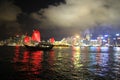 Chinese red junk with the victoria harbor night view background Royalty Free Stock Photo