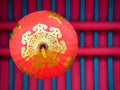Chinese red lantern hanging on the roof, bottom view.