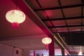 Chinese red lanterns hanging on the porch ceiling with mandarin wording which means `blessed prosperity.` Royalty Free Stock Photo