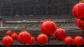 Chinese red lanterns hanging in the Taiwanese village of Jiufen with written Royalty Free Stock Photo