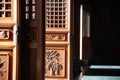 Chinese red wood pattern auspicious clouds relief door, metal door handle, retro design, Buddhist temples, historical relics
