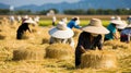 Chinese Rice Farmers in Traditional Straw Hats Harvesting Crops in Picturesque Fields
